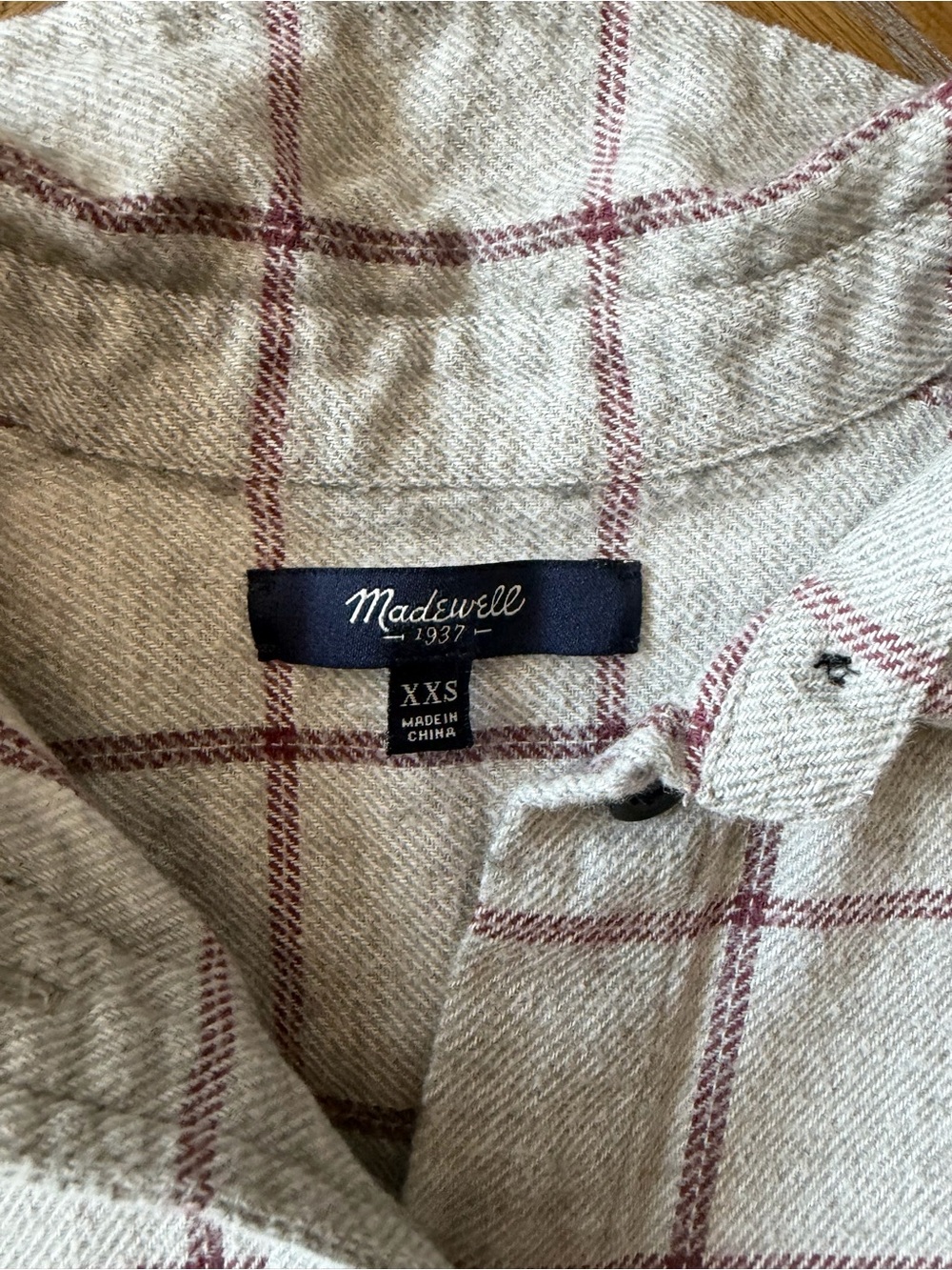 Madewell Plaid Wool Blend Button Down Shirt XXS Cream Burgundy - Picture 6 of 7